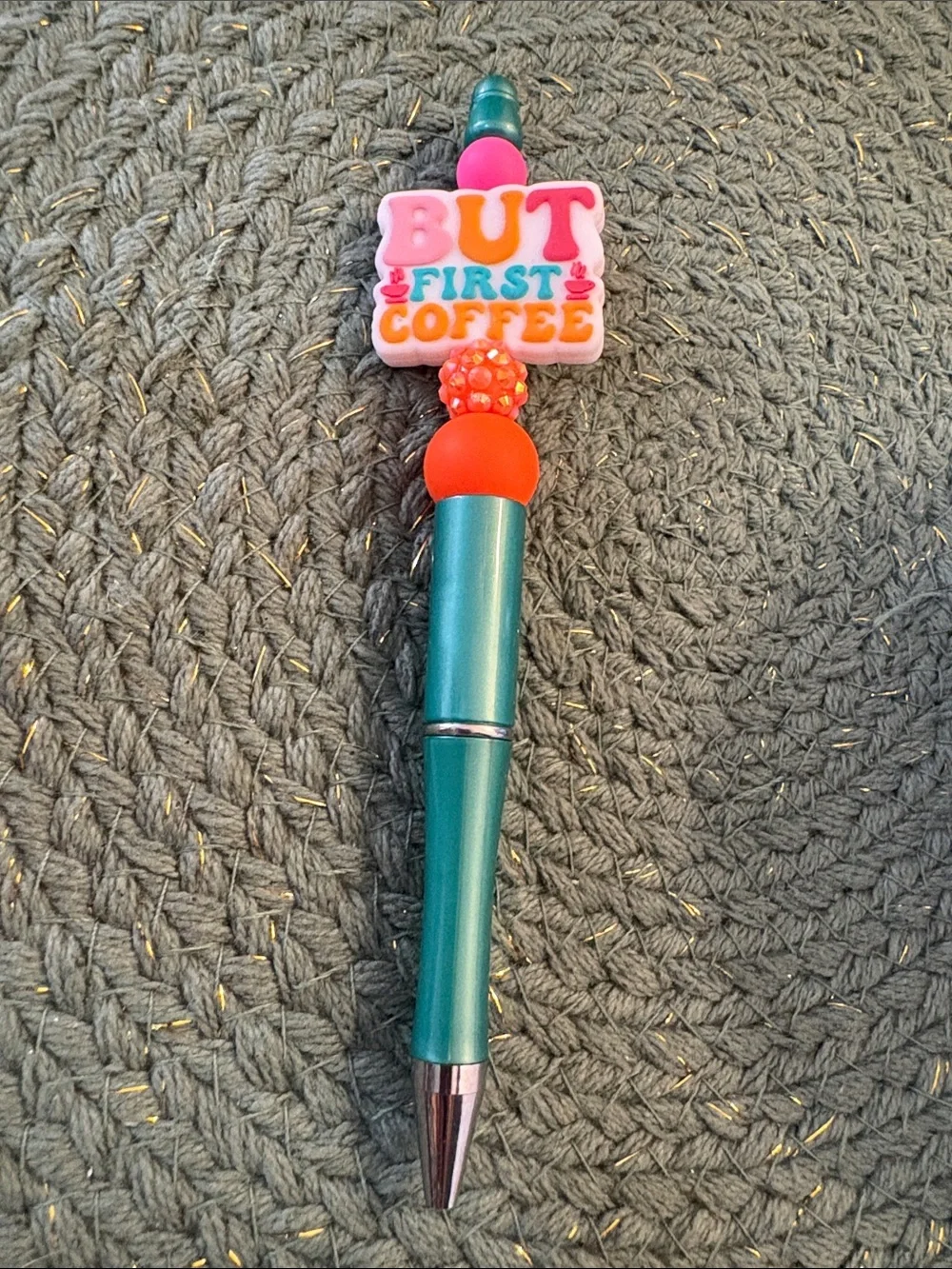 Teal Ballpoint Pen with 'But First Coffee' Topper - Teal